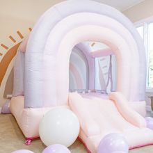 Aesthically pleasing indoor or outdoor children's bounce house. Perfect for parties or everyday entertainment Visit the amazon link found here for more information! Birthday Party Rentals, Cotton Candy Party, Bounce House With Slide, House Slide, Sweet 16 Decorations, Inflatable Slide, Cotton Candy Clouds, Amazon Link, Backyard Play