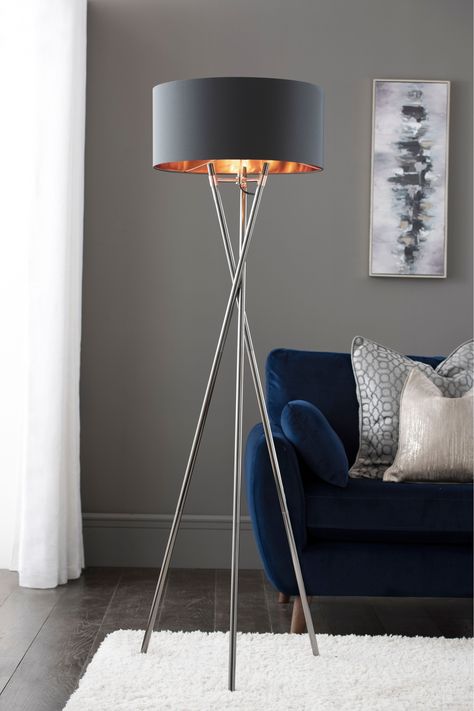 Grey Copper Floor Lamp Modern Lounge Rooms, Standing Lamp Living Room, Copper Floor, Copper Floor Lamp, Black Living Room Decor, Statement Lamp, Stylish Floor Lamp, Black Living Room, Tripod Floor Lamp