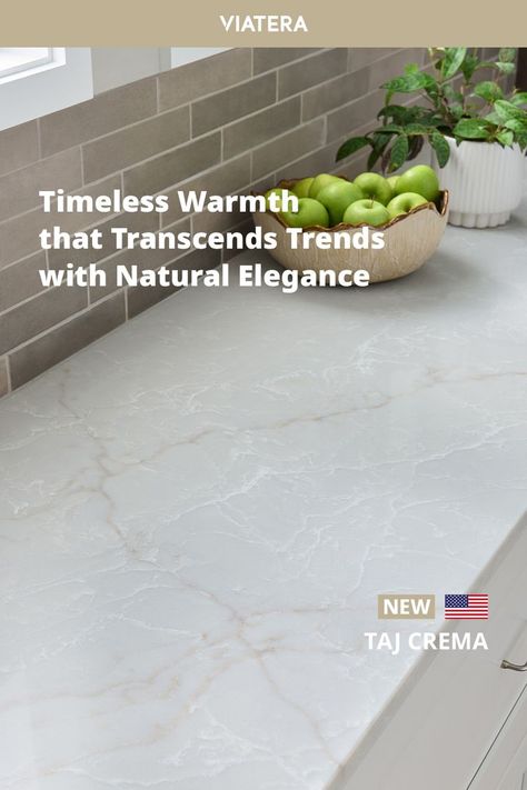 VIATERA elevates your space to art, and Taj Crema embodies this philosophy perfectly. Inspired by the timeless beauty of natural quartz, it showcases a delicate white and elegant golden vein pattern on a warm cream base, playing with light and shadow to create depth. 🇺🇸This color is made in USA with US and imported parts. #VIATERA #Elevateeveryspace #lxhausys #quartzsurface #QuartzCountertops #homeinspo #interiordesign #interiorideas #NeutralDecor #MonochromeDesign Viatera Quartz Countertops, Quartz Countertops Colors, Playing With Light, Quartz Worktops, Quartz Surfacing, Cream Base, Monochrome Design, White Countertops, Stone Surface