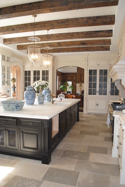 If I were to build a new house this would be my kitchen. Love this. Faux Wood Beams, Faux Beams, Kitchen Island Decor, Real Estat, Kitchen Ceiling, Enchanted Home, French Kitchen, Beautiful Kitchen, Design Del Prodotto