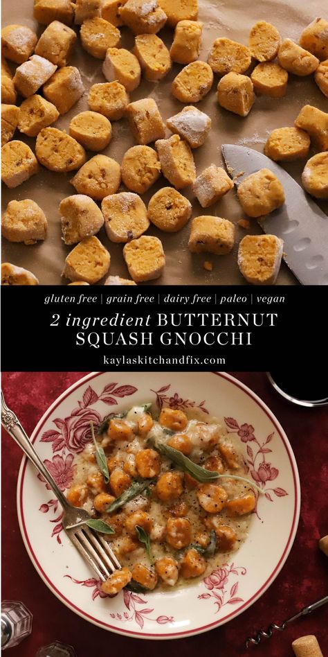 This 2 ingredient Butternut Squash Gnocchi with a buttery Sage Cream Sauce may be one of the best things I’ve ever made and I’m honestly shocked at how easy it is too. It basically tastes like a combination of gnocchi and Thanksgiving stuffing… I mean what more could you want? Plus, it’s vegan, gluten free and dairy free with options to make it paleo as well. Gluten Free Butternut Squash Gnocchi, Winter Recipes Gluten Free, Dairy Free Stuffing Recipe, Vegan Butternut Squash Gnocchi, Butternut Squash Paleo, Vegan Recipes With Butternut Squash, Butternut Recipes Healthy, Aip Squash Recipes, Butternut Squash Gnocchi Recipes