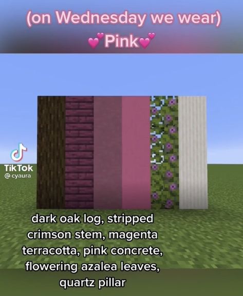 Minecraft Blocks That Go Together, Pink Minecraft Block Pallete, Pink Minecraft Pallet, Kawaii Minecraft Builds No Mods, Mc Block Palettes, Colourful Minecraft House, Minecraft Block Palette Aesthetic, Minecraft House Palette, Minecraft Block Pallets