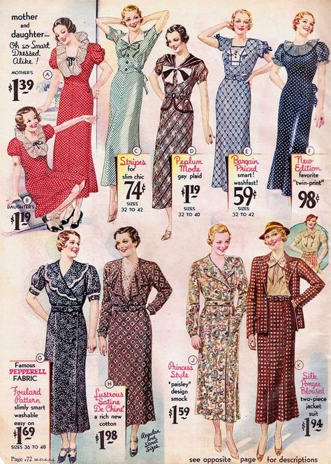 Sears catalog 1934. Insane! Not even $2! In this day in age, dresses like that would range from $50-$100! 1930s Life, 30s Women, 1930s Outfits, 1930s Fashion Women, Vintage Fashion 1930s, 1930 Fashion, 1930's Fashion, Patron Vintage, 1930s Style