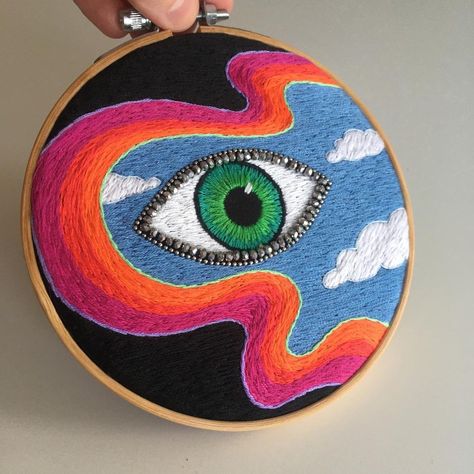 I don't usually pick favorites, so let's just say this one will be very hard to part with 🌈👁🖤 . Oh, is #psychedelicembroidery a thing… | Instagram Cozy Crochet Patterns, Cosmic Art, Contemporary Embroidery, Modern Embroidery, Trippy Art, Embroidery Hoop Art, Thessaloniki, Embroidery Ideas, Eye Art