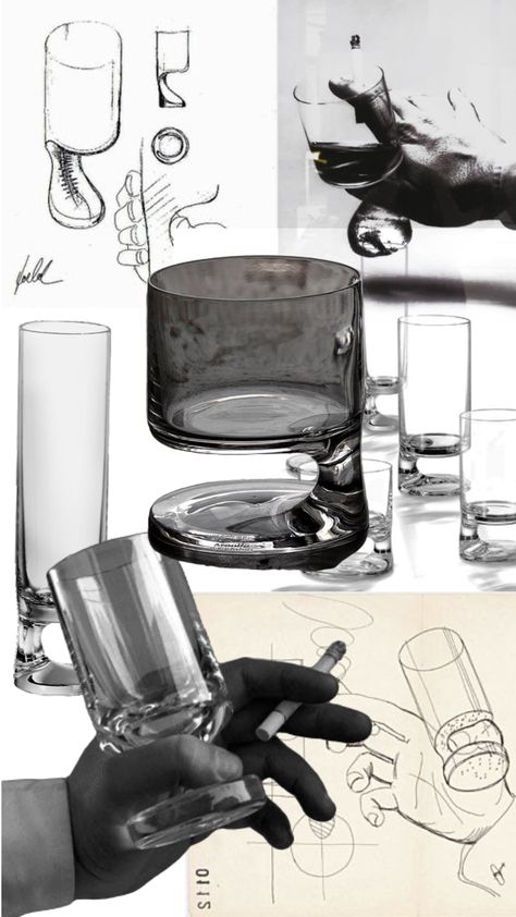 Smoke Glasses - Joe Colombo #casestudy #vintage #tableware #collage #productdesign #ideaboard Objects Sketch, Magazine Page Design, Fun Wine Glasses, Melting Clock, Joe Colombo, Vintage Tableware, Antique Glassware, Collage Illustration, Illustration Sketches