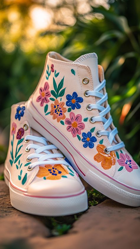 Hand-painted floral design on white high-top sneakers, in soft natural light. Captured with a Canon EOS R5 and RF 50mm f/1.2L lens, showcasing vibrant colors and intricate details. Hand Painted Canvas Shoes, Sharpie Shoes, Painted Canvas Shoes, Burst Of Color, Painted Sneakers, Floral Sneakers, Shoes Ideas, Shoes Drawing, Floral Drawing