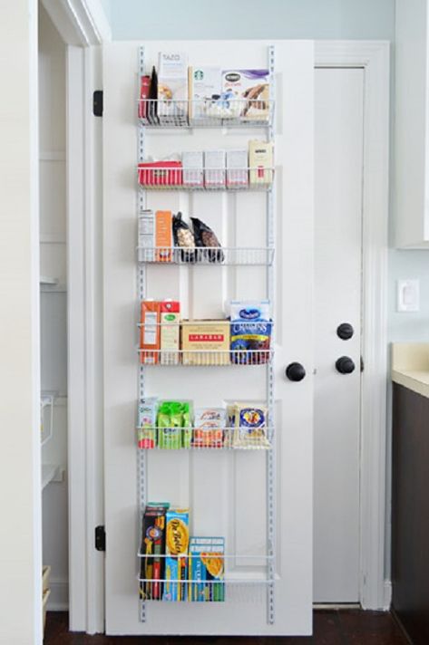 Doors make perfect spots for all sorts of storage hacks, here are our 14 faves Inside Pantry Door Storage, Over The Door Shelves, Lower Pantry Storage, Back Of Pantry Door Storage, Behind The Door Pantry Storage, Pantry Door Shelves, Back Of Door Storage Ideas, Door Pantry Storage, Pantry Door Organization