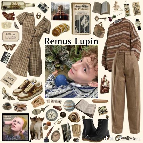 Remus Lupin Genderbend, Remus Lupin Aesthetic Outfits, James Potter Outfit Style, Fem Remus Lupin Outfits, Moony Remus Lupin Aesthetic Outfits, Remus Lupin Clothes, Remus Lupin Lookbook, Remus Lupin Summer Outfit, Remus Lupin Cosplay