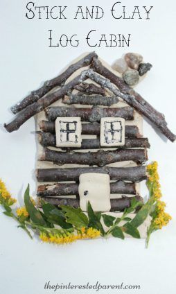 Clay and stick log cabin craft. Collect twigs and flowers to form your house. Salt dough will work as well. Kid's arts and crafts - preschoolers Log Cabin Craft, Pioneer Crafts, Cabin Crafts, Arts And Crafts For Adults, Clay Crafts For Kids, Arts And Crafts For Teens, Fall Arts And Crafts, Arts And Crafts House, Easy Arts And Crafts