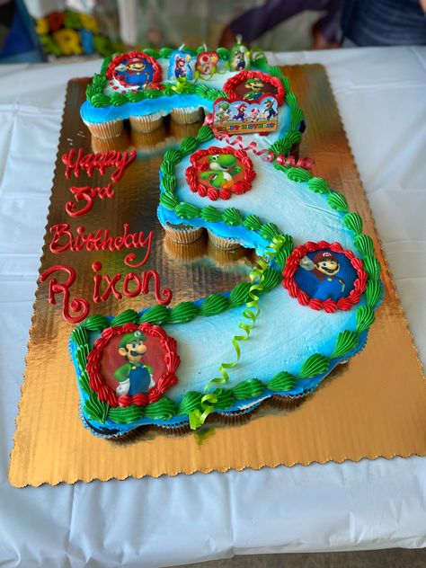 Mario Cupcake Ideas, Mario Cupcake Cake, Super Mario Brothers Cake, Number 3 Cakes, Rainbow Road Mario Kart, Shaped Cupcakes, Mario Birthday Cake, Super Mario Bros Party, Mario Bros Party