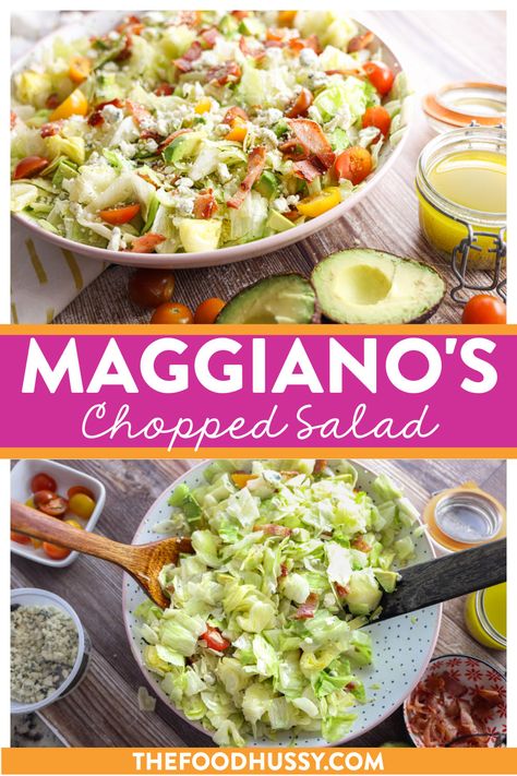 Maggiano's Chopped Salad is a classic and a fan favorite! Crisp lettuce topped with tomatoes, bacon, avocado and blue cheese tossed in a sweet and savory light house vinaigrette. Add grilled chicken or salmon to make it a meal! Portillos Chopped Salad, Maggianos Chopped Salad, Suddenly Salad, Dessert Restaurants, Chopped Salad Recipes, Sweet House, Fresh Salad Recipes, Bacon Avocado, Creamy Mushroom Sauce