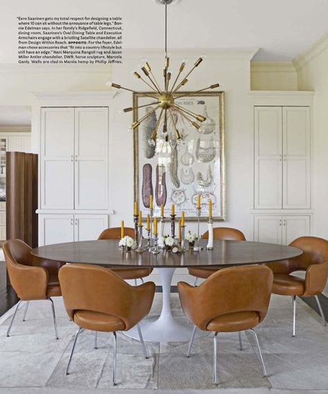 sputnik-dining-room-saarinen-table-house-beautiful-bonnie-edelman | Flickr - Photo Sharing! Mid Century Dining Room Tables, Saarinen Tulip Table, Mid Century Dining Room, Mid Century Modern Dining Room, Eclectic Dining, Chic Dining Room, Farmhouse Tables, Industrial Dining, Room Chandelier