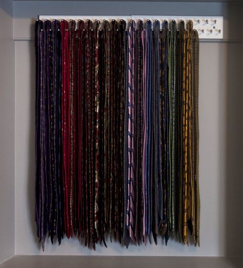 When we had out closet built, Mr. CH wanted tie storage. He wears a lot of ties for work. I didn’t want any ugly tie storage ruining my pretty views in here.  I looked and looked and looked for tie storage that was stunningly beautiful.   I’m not going to lie. I was disappointed in … Couple Closet Organization, Couple Closet, Mens Closet Organization, Bedroom Couple, Tie Organizer, Tie Storage, Cedar Hill Farmhouse, Tie Hanger, Tension Rods