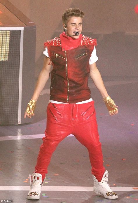 Hanging low: Justin Bieber wore a pair of harem style leather trousers for his performance at last night's Much Music Video Awards in Toronto Justin Bieber Pants, Red Leather Trousers, Mc Hammer, Justin Bieber Gif, Justin Bieber Images, Bust A Move, Army Pics, Drop Crotch Pants, Love Justin Bieber