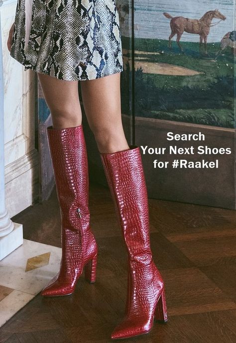 These #boots with a knee-high, pointed-toe silhouette are perfect for fall outfits! Red Boots Outfit Knee High, Red Knee High Boots Outfit, Red Boots Outfit, Red Knee High Boots, Crocodile Boots, 70s Inspired Fashion, Pointed Toe Boots, Dress Boots, Stiletto Boots