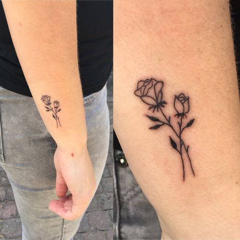 Small rose tattoo🌹 Rose And Rosebud Tattoo, Rose And Tulip Tattoo Design, Rose Couple Tattoo, Rose And Tulip Bouquet Tattoo, Tulips And Roses Tattoo, Tulip And Rose Tattoo, 3 Rose Tattoo, Double Rose Tattoo, 3 Roses Tattoo Design