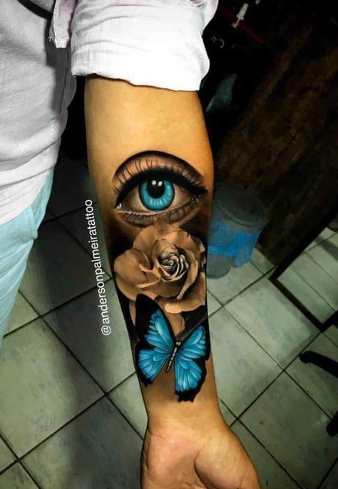 Eye And Butterfly Tattoo, Eye Tattoo Black Women, Eye Sleeve Tattoo, Eye Tattoo Ideas Women, Realistic Eye Tattoo, Arm Sleeve Tattoos For Women, Animal Tattoo Ideas, Rose Tattoos For Women, Girl Arm Tattoos