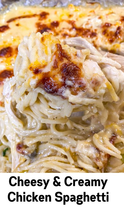 Cheesy and Creamy Chicken Spaghetti is the perfect solution for a weeknight meal. Loaded with tender pieces of chicken and noodles, all nestled in a super flavorful creamy sauce. #spaghetti #chickenspaghettirecipes #cheese #alfredo #spaghetti #dinner Chicken Spaghetti Recipe With Cream Of Mushroom, The Amazing Chicken Spaghetti, Chicken Spaghetti With Cream Of Mushroom, Cheap Chicken Spaghetti Recipe, Chicken Spaghetti Recipe With Cream Cheese, Chicken Spaghetti With Cream Of Chicken, Gooey Chicken Spaghetti, Chicken Spegetti Recipies, Chicken Spaghetti With Alfredo Sauce