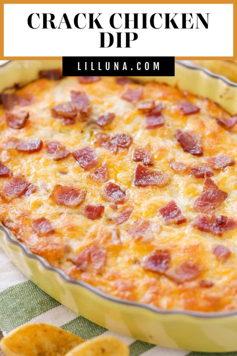 Bacon, Ranch seasoning, and cheese create a flavor trifecta in this irresistible crack chicken dip - hot and cheesy and prepped in 5 minutes! #crackchickendip #chicken #dip #appetizers Chicken Bacon Dip Recipes, Cracked Chicken Dip, Smoked Chicken Dip, Chicken Dips Recipes Easy, Chicken Dip Appetizers, Chicken Bacon Ranch Recipes, Cheeseburger Rolls, Ranch Appetizers, Chicken Bacon Ranch Dip