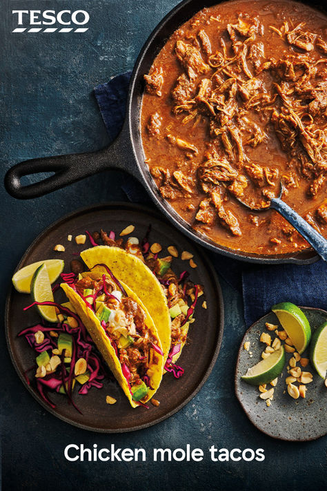 Save this recipe for your next taco Tuesday! Shredded chicken is slow-cooked in a moreish chipotle sauce, then loaded into tacos. Serve with a crunchy homemade slaw and dollops of soured cream. | Tesco Mole Tacos, Tasty Tacos Recipe, Homemade Slaw, Chicken Mole, Chicken Taco Recipes, Tesco Real Food, Taco Recipe, Chicken Taco, Chipotle Sauce