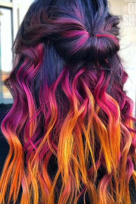 Sunset Hair Color, Dark Sunset, Sunset Ombre, Sunset Hair, Red Ombre Hair, Trending Hair, Fire Hair, Galaxy Hair, Vivid Hair Color