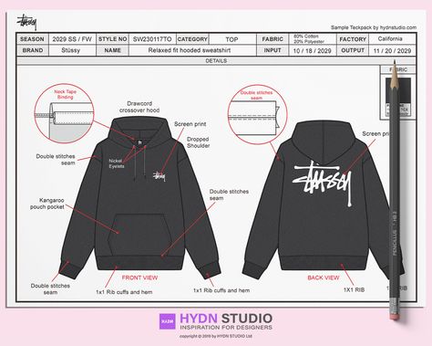 Stussy Hoodie Design Reference Tech Pack on Behance Brand Hoodie Design, Back Hoodie Design, Back Of Hoodie Design, Hoodies Back Design, Hoodie Layout, Hoodie Tech Pack, Tech Pack Fashion, Hoodie Back Design, Stussy Design