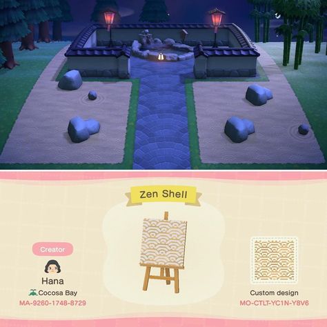 Houses Animal Crossing, Acnh Zen Path Design, Animal Crossing Zen Garden, Acnh Zen Garden, Acnh Motifs, Acnh Japanese, Nintendo Switch Animal Crossing, Animal Crossing Design Codes, Zen Garden Design