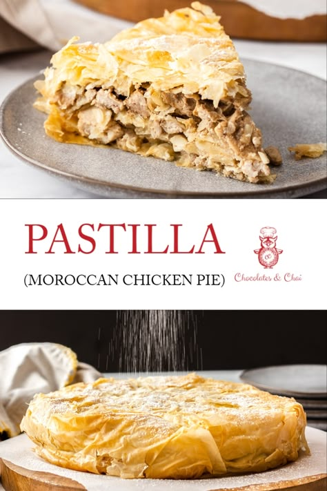 Bastilla Moroccan Recipe, Moroccan Pastilla Recipe, Chicken Pastilla Moroccan, Moroccan Bastilla, Bastilla Moroccan, Chicken Bastilla, Pastilla Recipe, Morocco Recipes, Moroccan Recipe