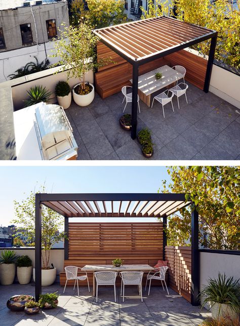 A rooftop terrace in Prospect Heights, Brooklyn, was turned into an outdoor kitchen by Cara White, who erected a pergola with benches and storage | Creating a Garden Oasis in the City - The New York Times Roof Terrace Design, Pergola Diy, Roof Garden Design, Terrasse Design, Terrace Garden Design, Terrace Decor, Rooftop Terrace Design, Rooftop Design, Front Yard Design