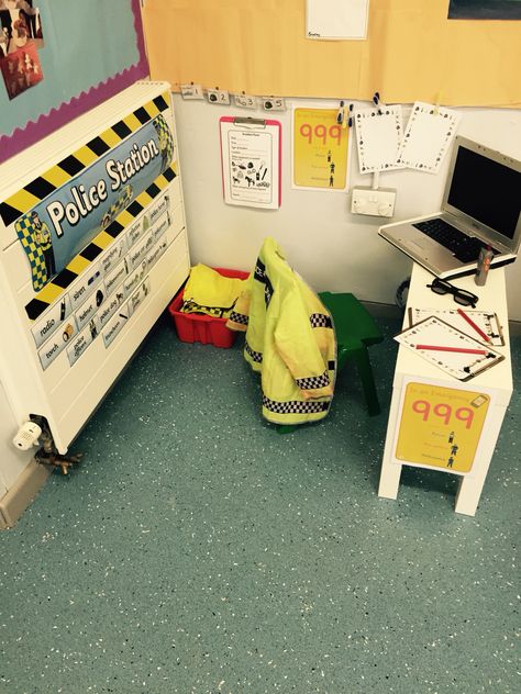 EYFS Police Station role play area... Roleplay Area Ideas Eyfs, Police Eyfs Activities, Police Role Play Eyfs, People Who Help Us Role Play, Police Station Role Play Eyfs, Dramatic Play Police Station, Home Role Play Area Eyfs, People Who Help Us Eyfs, Police Station Role Play