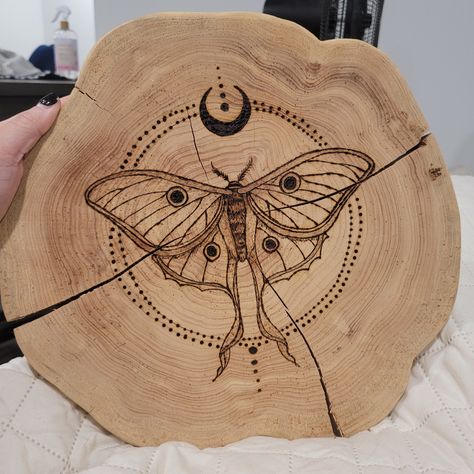 Lunar Moth Wood Burned By Hand On Slab Of Natural Wood. Splits Are Natural And There Is A Piece On The Back To Secure From Splitting Further. Wooden Moon Phase Wall Decor, Wood Burning Runes, Moth Wood Burning, Cherry Blossom Wood Burning, Wolf Wood Burning Pattern, Wood Burn Flowers Design, Artskills Wood Burning, Wood Burn Art, Wood Burning Wedding Gift