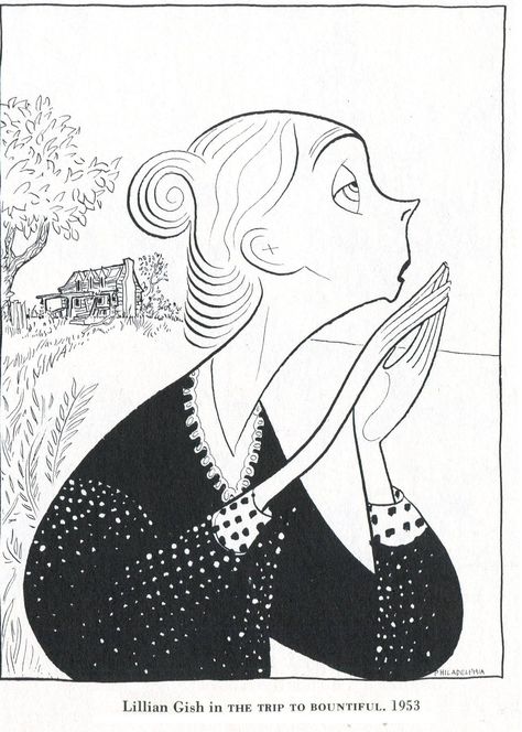 Al Hirschfeld ~ Lillian Gish in “The Trip To Bountiful” Illustration Art People, Al Hirschfeld, Lillian Gish, Caracter Design, Sketches Of People, Caricature Artist, Art People, Vintage Black And White, Funny Illustration