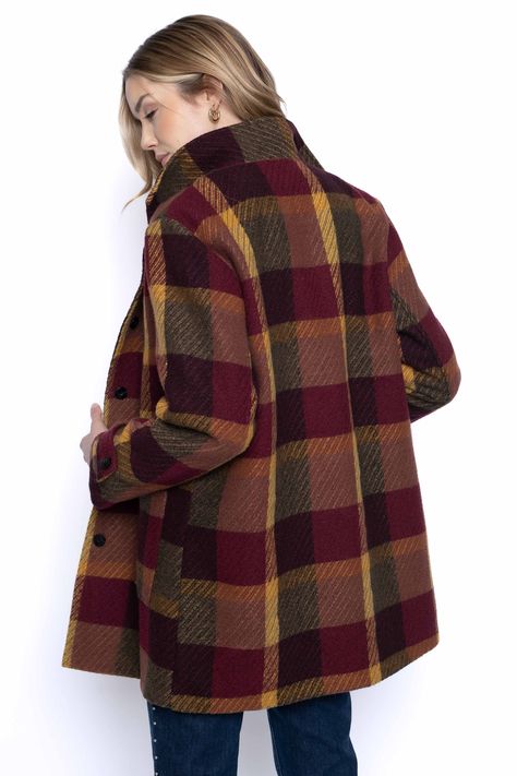 Stay warm and stylish this fall with our Stand Collar Plaid Coat. Featuring a flattering stand collar and classic plaid design, this coat is a must-have for any wardrobe. Don't miss out on adding both warmth and style to your look! Details: Color: Burgundy/Amber Multi Button-down front Front pockets Fabric: 100% Polyester Care: Machine wash, hang dry By Picadilly Canada Plaid Coat Womens Plaid Coat Women, Plaid Winter Coat, Plaid Overcoat, Riverside Cottage, Fall Forward, Plaid Peacoat, Plano Texas, Cute Coats, Faux Leather Handbag