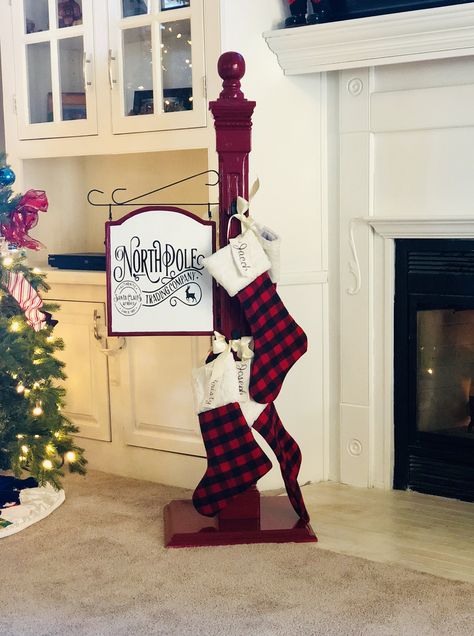 North Pole Christmas stocking holder Diy Christmas Stocking Holders, Christmas Stocking Holder Stand, Christmas Stocking Stand, Stocking Holder Stand, Diy Stocking Holder, Diy Christmas Stocking, Diy Stocking, Christmas Stocking Hangers, Diy Stockings