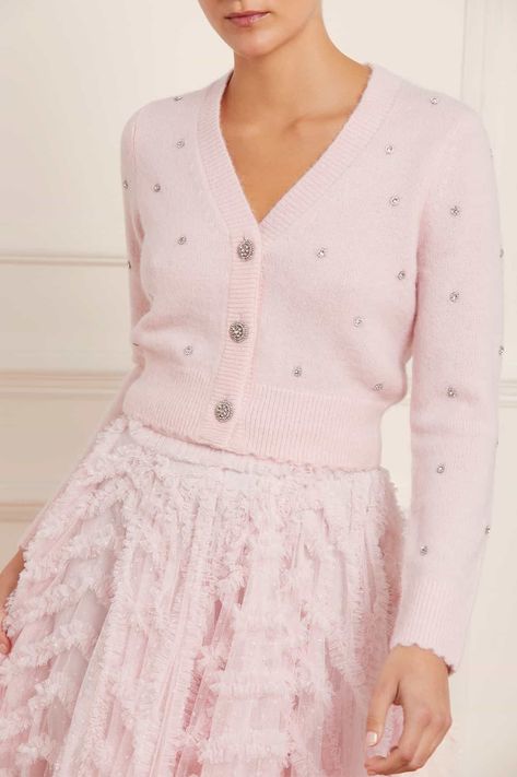 Girly Fashion Feminine, Soft Feminine Style, Knitwear Style, Sky Pink, Embellished Cardigan, Fluffy Texture, Crop Cardigan, Scallop Trim, Needle Thread