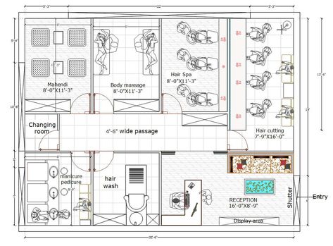 Saloon Plans Layout, Salon Layout Plan, Unisex Salon Interior Design Plan, Bloxburg Spa Layout, Bloxburg Salon Layout, Spa Layout Plan, Spa Plan Architecture Spas, Spa Layout Design Floor Plans, Unisex Salon Design