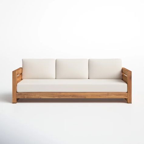 Joss & Main Baela 83.5'' Wide Outdoor Teak Patio Sofa with Cushions & Reviews | Wayfair Wooden Outdoor Sofa, Teak Outdoor Sofa, Sofa With Cushions, Outdoor Fire Pit Table, Ranch Remodel, Teak Sofa, Outdoor Loveseat, Remodel Inspiration, Soft Sofa