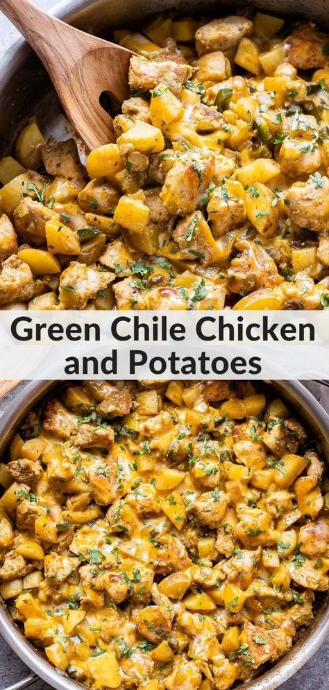 Green Chili Chicken Skillet, Green Chile Chicken Recipes, Green Chili Potatoes, Green Chili Chicken Skillet Enchiladas, Cheap Mexican Recipes, Potato Green Chili Tacos, Green Chile Chicken Skillet Enchiladas, Chicken Potato Tacos, Easy Monday Night Dinner Ideas