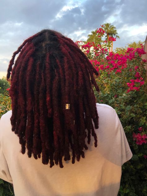 Copper Red On Black Women, Cute Colors To Dye Your Locs, Dark Red Dreadlocks, Black Cherry Locs, Dark Red Locs Men, Red Hair Dreadlocks, Burgundy Brown Locs, Burgundy Hair Locs, Coloured Locs Black Women