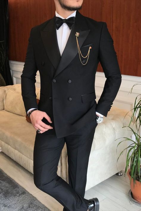 Men Suits Black 2 Piece Slim Fit Two Button Wedding Groom Party Wear Coat Pant, Peak Lapel Suit, Black Slim Fit Double Breasted Tuxedo Groom And Best Man Suits, Wedding Coat Suit, Coat Pant For Men Suits Wedding, Black Coat Pant, Coat Pant For Men, Groom Suit Black, Men Suits Black, Double Breasted Suit Men, Peak Lapel Suit