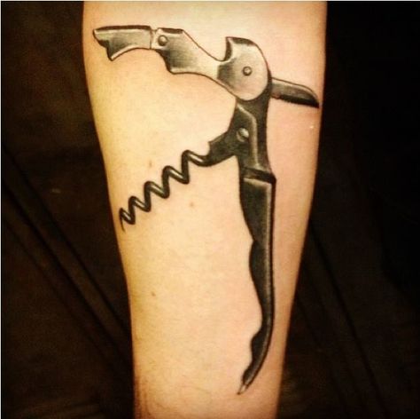 Wine tattoo - corkscrew Corkscrew Tattoo, Wine Tattoo Ideas, Screw Tattoo, Great Tattoo Ideas, Culinary Tattoos, Treble Clef Tattoo, Wine Tattoo, Cork Screw, Wine Stains