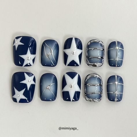 Navy blue star🌟 #nail #nailart #pressonnails #navybluenails #nailfashion #pressons #cutenails #shortnails #bluenails #starnails #naildesign #coolnails #naillove Short Nails Ideas Navy Blue, Blue Gel Nails Ideas Short, Short Denim Nails, Denim Inspired Nails, Navy Blue Nails Stars, Cool Nails Short, Navy Blue Acrylic Nails Designs, Navy Blue Short Nails, Cool Design Nails