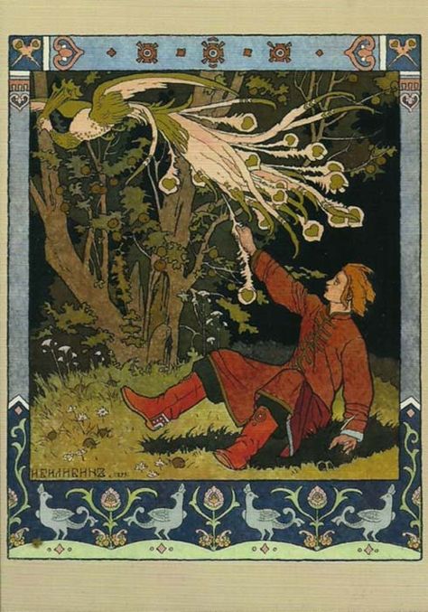 Ivan catching the Firebird's feather. Ivan Bilibin, The Firebird, Baba Jaga, Slavic Folklore, Arte Folk, Russian Folk Art, Fire Bird, Fairytale Illustration, Russian Folk