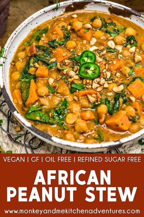 Fall just got a little more exciting with this fragrant, delicious, and soul-warming African Peanut Stew that is bursting with wholesome ingredients. #vegan #oilfree #glutenfree #plantbased | monkeyandmekitchenadventures.com African Meals, African Peanut Stew, Monkey And Me Kitchen Adventures, Monkey And Me, Peanut Stew, Plant Based Soups, Vegan Stew, Gf Flour, Meatless Mondays