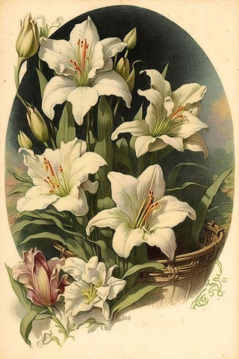 Beautiful Floral Paintings, Lily Flowers Painting, Lily Flower Aesthetic Vintage, Easter Lily Drawing, White Lily Drawing, White Lily Painting, Lilly Illustration, Lily Flower Aesthetic, Lillies Aesthetic