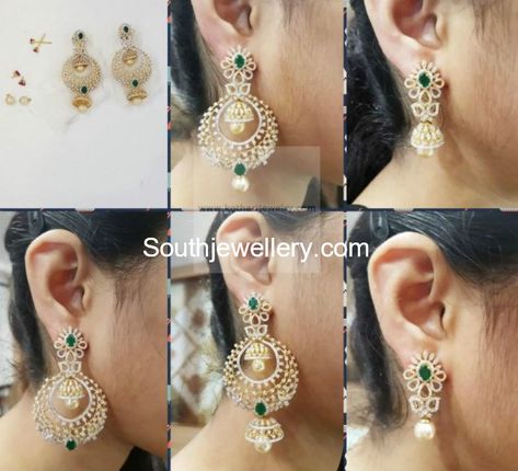 18 Carat gold multi use detachable diamond chandbali earrings with interchangeable ruby and emerald stones by Kothari Jewelry. These earrings can be worn in six different ways. 6 in 1 diamond buttalu, multi purpose diamond earrings, Detachable diamond jhumkas Diamond Chandbali Earrings, Diamond Chandbali, Diamond Earrings Indian, Diamond Jhumkas, Bridal Diamond Necklace, Pure Gold Jewellery, Diamond Wedding Jewelry, Chandbali Earrings, Earrings Indian