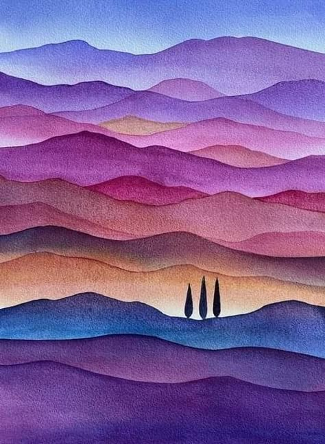 Overlapping Art, Watercolour Mountains, Abstract Nature Painting, Nz Landscape, Purple Mountains, Mountains And Trees, Watercolor Art Landscape, Watercolour Ideas, Watercolor Paintings For Beginners