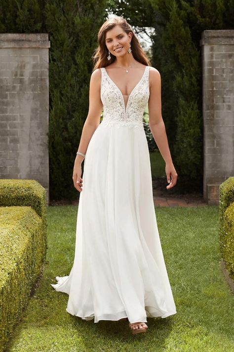 Chiffon Wedding Dress with Lace Bodice Claudia. Description: <!-- td {border: 1px solid #ccc;}br {mso-data-placement:same-cell;} --> <!-- td {border: 1px solid #cccccc;}br {mso-data-placement:same-cell;} --> Destination Wedding Gowns, Flattering Wedding Dress, Floral Lace Wedding Dress, Beach Wedding Gown, Sophia Tolli, Stylish Wedding Dresses, Chiffon Wedding Dress, Romantic Bride, Sleeve Wedding Dress