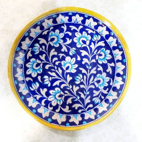 Blue Pottery Jaipur, Pottery Deco, Blue Pottery Designs, Ceramic Plates Designs, Ceramic Plates Art, Simple Paintings, Apartment Wall Decor, Yellow Border, Pottery Wall