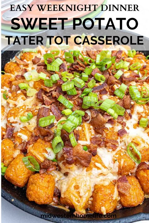 Bacon Cheeseburger Sweet Potato Tater Tot Casserole is an easy weeknight one-pan dinner that tastes like a bacon cheeseburger with sweet potato fries. A warm and cozy comfort food dish that starts with a pound of ground beef and ends with crazy quick clean-up. #hotdishrecipes #tatertothotdish #groundbeefrecipes #tatertotcasserole #tatertotcasserolewithgroundbeef #tatertots #baconcheeseburgercasserole #baconcheeseburgertatertotcasserole Sweet Potato Tots Recipe, Sweet Potato Tater Tots, Tater Tot Hotdish, Sweet Potato Tots, Slow Cooker Baked Beans, Tater Tot Recipes, Bacon Cheeseburger Casserole, Hotdish Recipes, Potato Tots